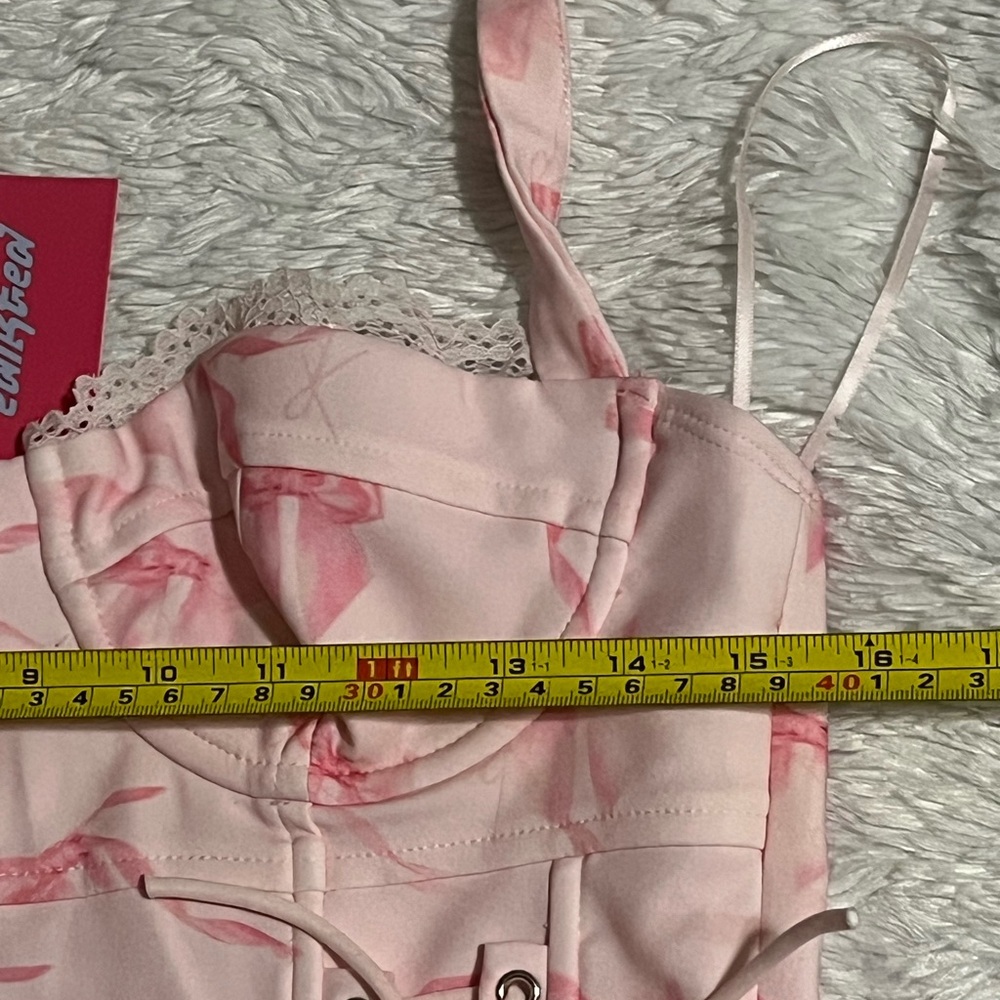 EDIKTED Pink Bow Print Lace Up Halter Corset Style Crop Top Size S - Picture 10 of 13